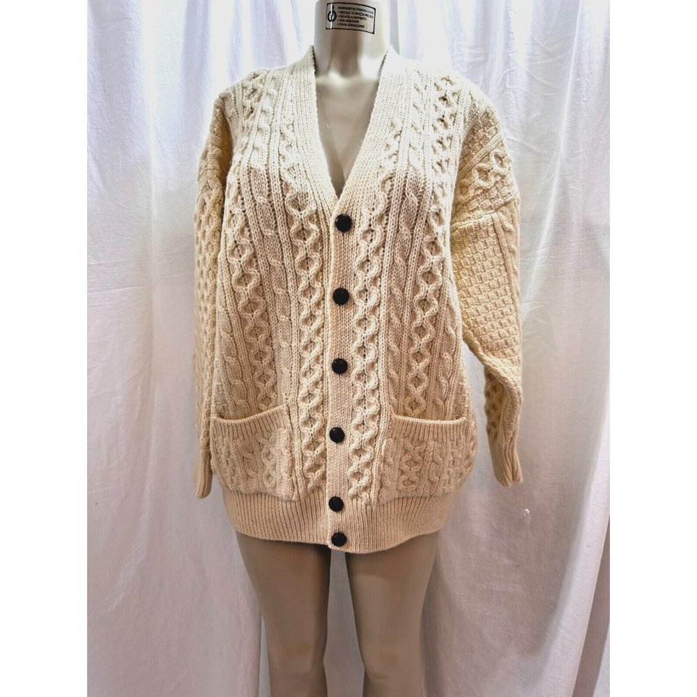 VTG CALLAN Wool Cable Knit Cardigan  Ivory Sweater Ireland Made SIZE L #1211